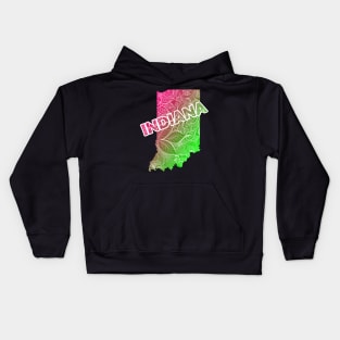 Colorful mandala art map of Indiana with text in pink and green Kids Hoodie